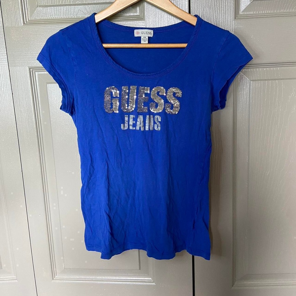Guess Jeans Royal Blue Sequin Logo T-Shirt Y2K Fairycore Cap Sleeve Top Medium